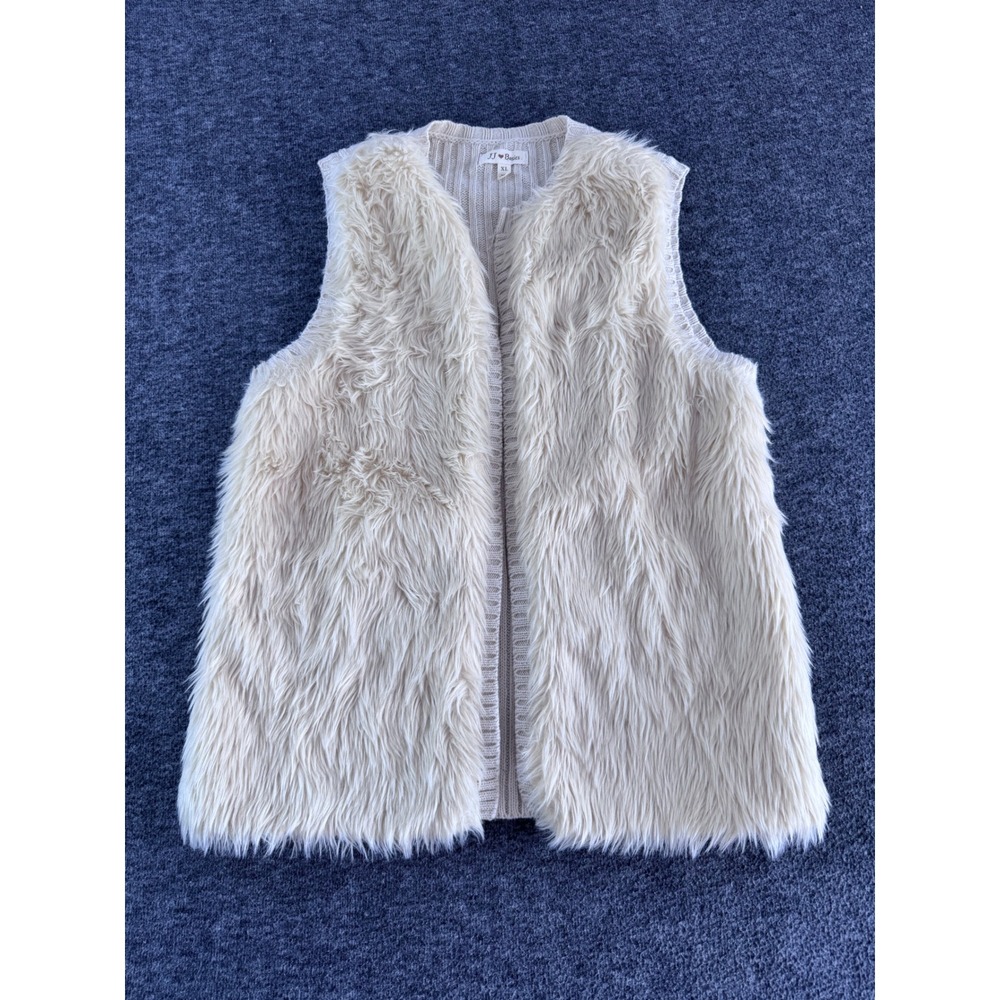 JJ Basics Womens XL Faux Fur Ribbed Knit Back Vest Cream Ivory Open‎ Front Layer